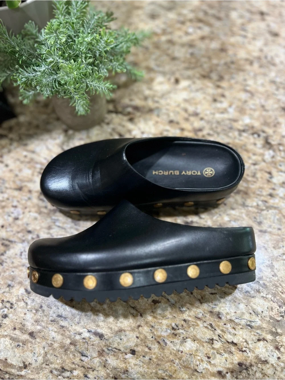 Tory Burch Black Leather Platform Mules with Gold Coins 6M